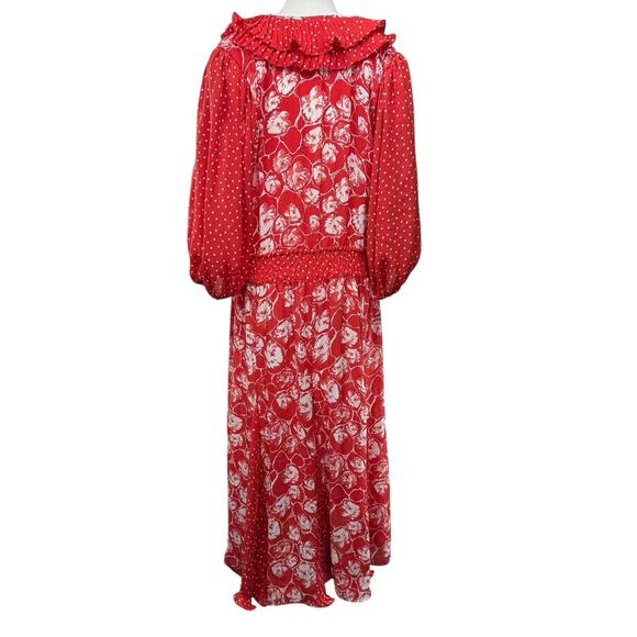 Diane Freis Georgette Midi Dress Size Large Pleated Floral Red Ruffles VTG 80s - Picture 7 of 10